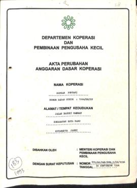 SK Akta Koperasi No : 575 / BH / PAD / KWK.5 / IX / 1996 Tanggal : 30 September 1996 KOPKAR PERTANI